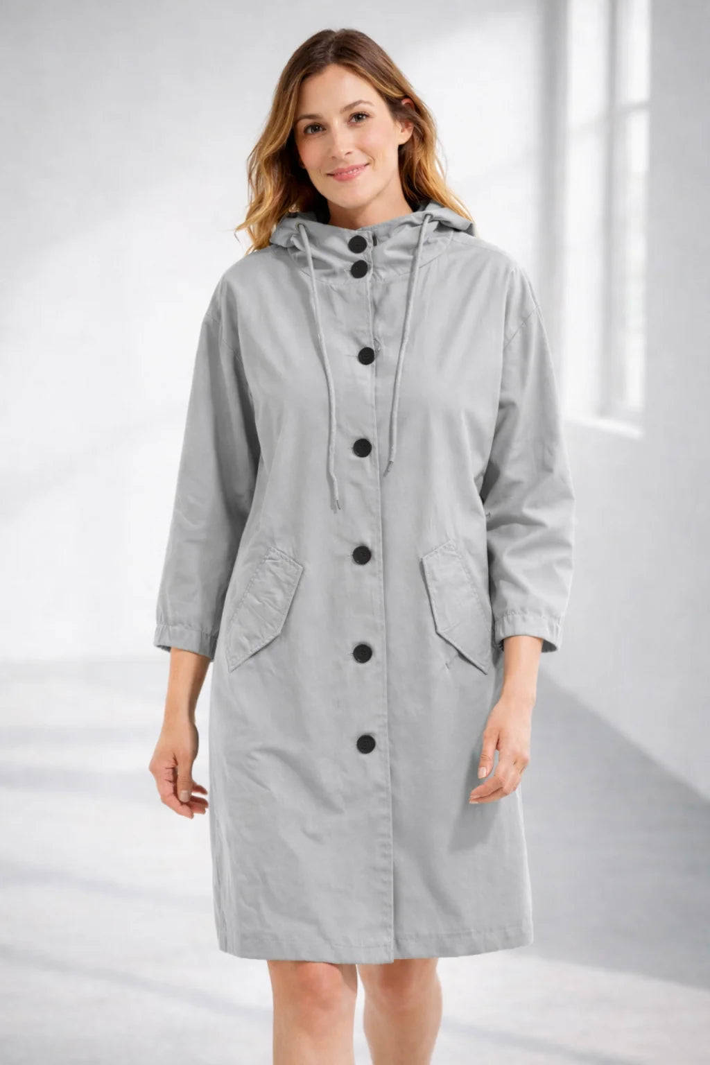 Fleur Hooded Button-Front Jacket in Gray