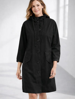Fleur Hooded Button-Front Jacket in Black
