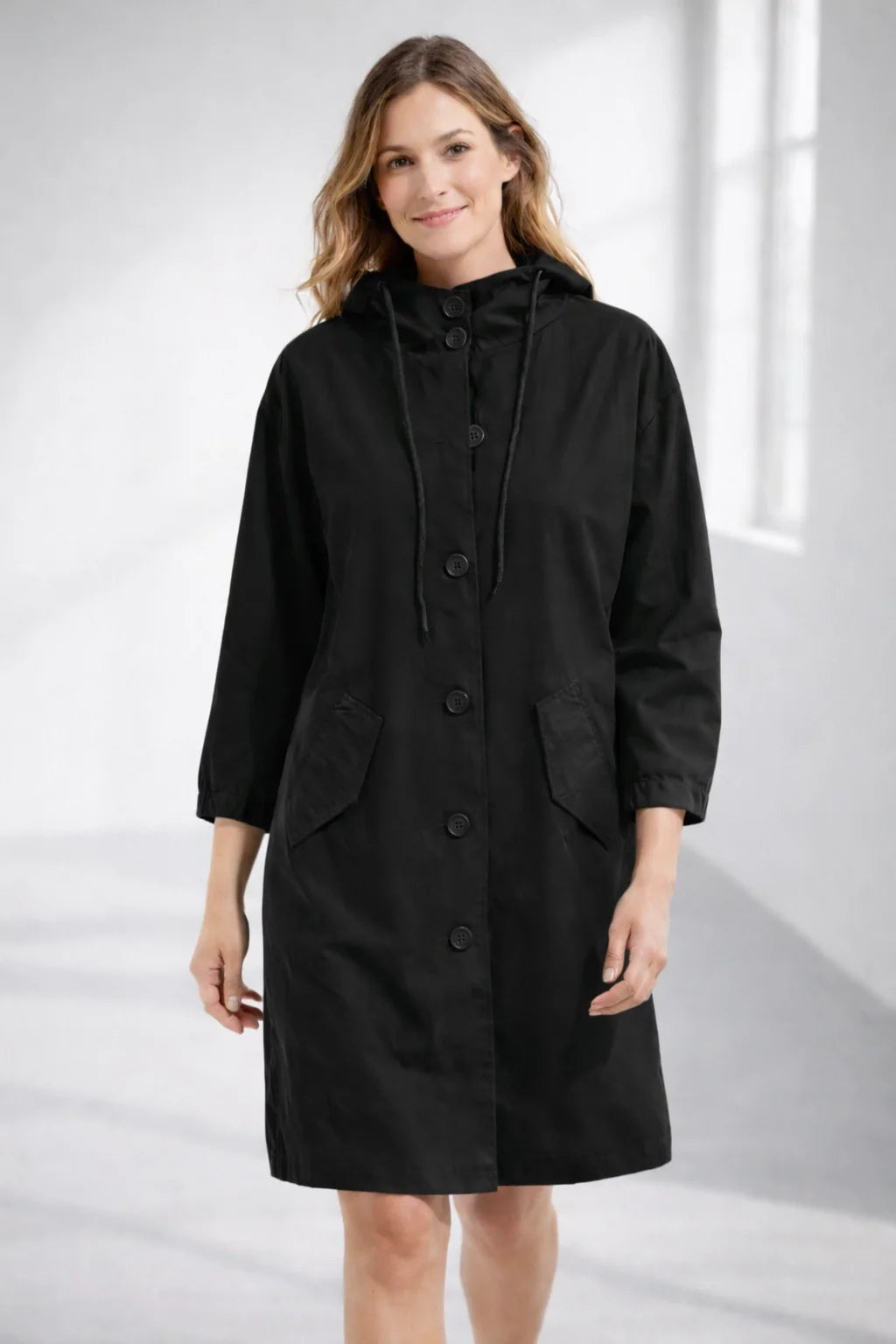 Fleur Hooded Button-Front Jacket in Black