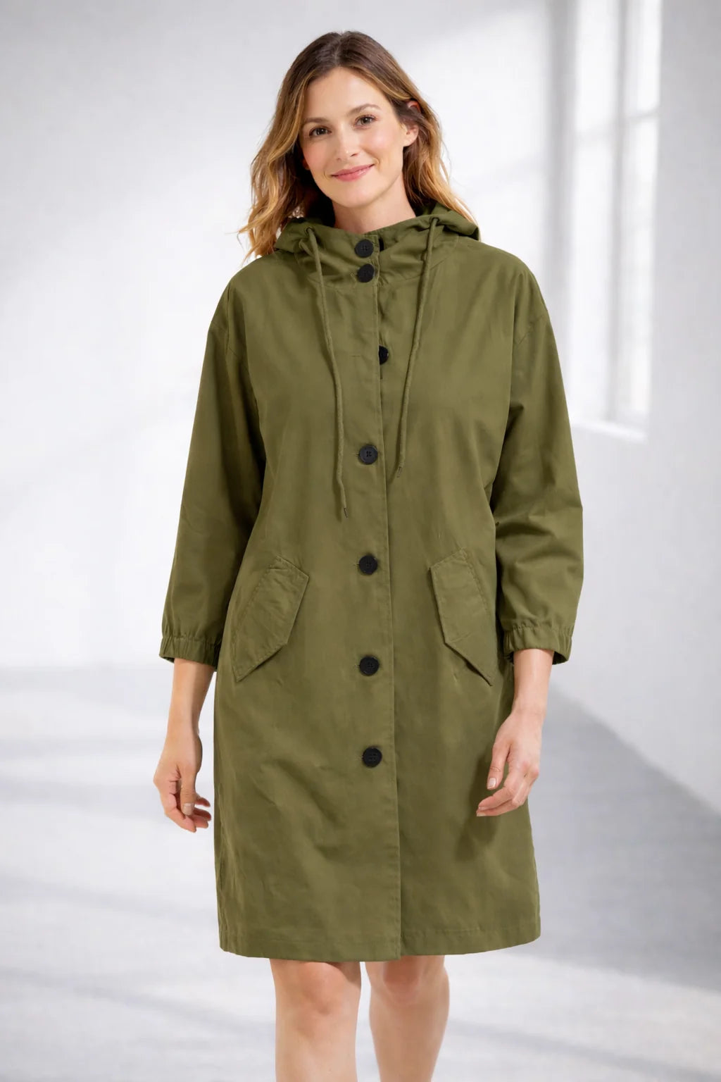 Fleur Hooded Button-Front Jacket in Army Green