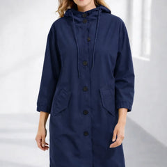 Fleur Hooded Button-Front Jacket in Navy