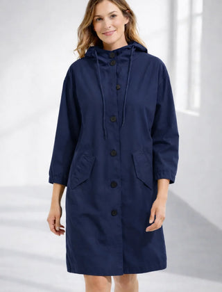 Fleur Hooded Button-Front Jacket in Navy