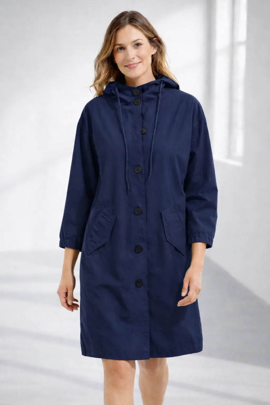 Fleur Hooded Button-Front Jacket in Navy