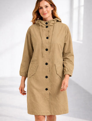 Fleur Hooded Button-Front Jacket in Beige