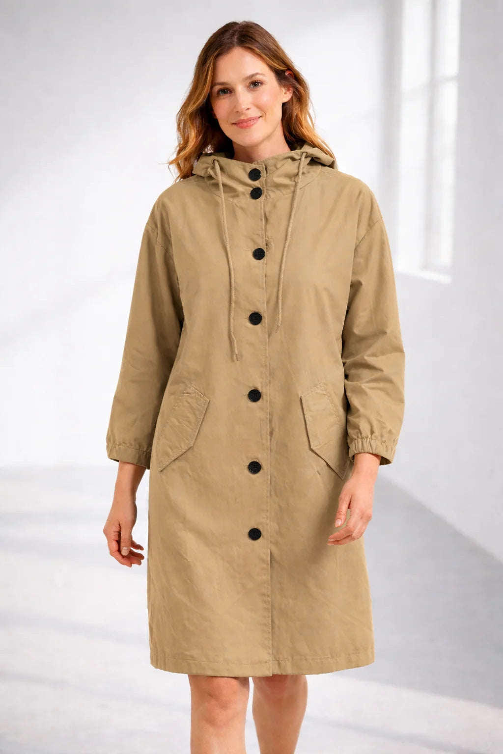 Fleur Hooded Button-Front Jacket in Beige