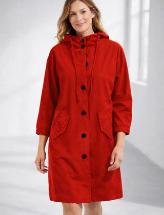 Fleur Hooded Button-Front Jacket in Red
