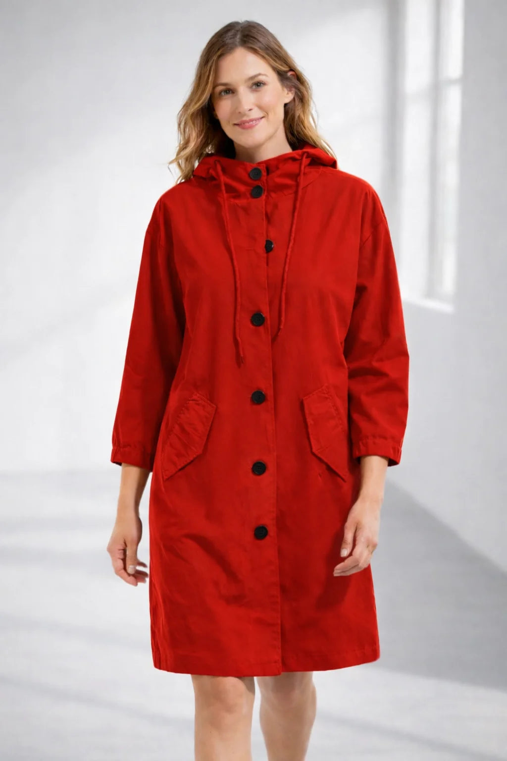 Fleur Hooded Button-Front Jacket in Red