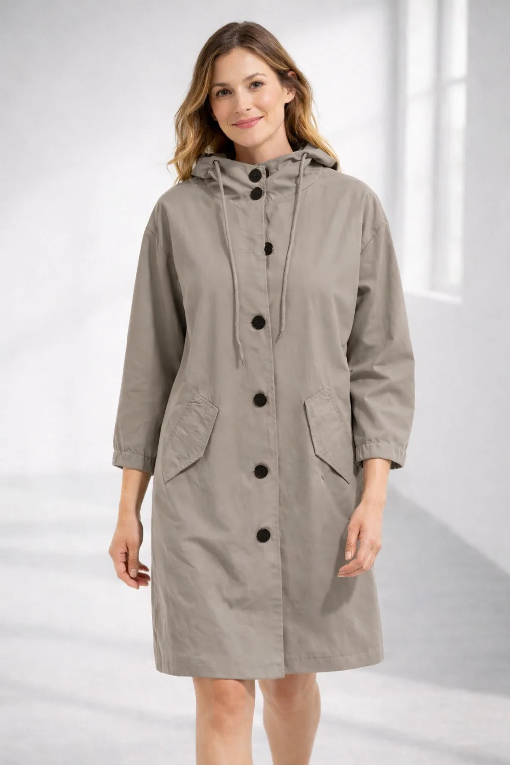 Fleur Hooded Button-Front Jacket in Apricot