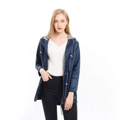 Sabrina Hooded Rain Jacket in Navy, front view on model