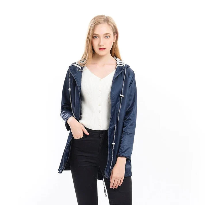 Sabrina Hooded Rain Jacket in Navy, front view on model