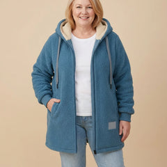 Hooded Teddy Zip Jacket worn by a woman with curves