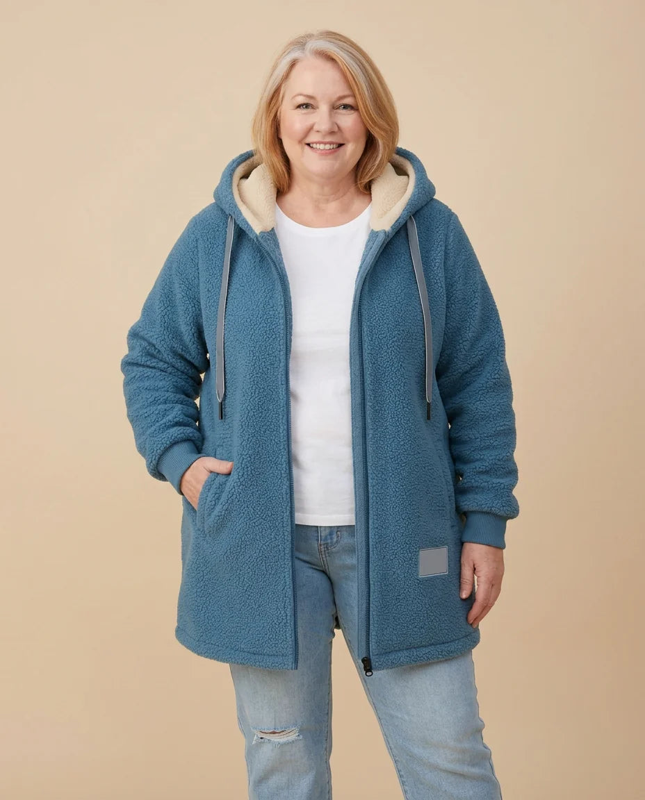 Hooded Teddy Zip Jacket worn by a woman with curves