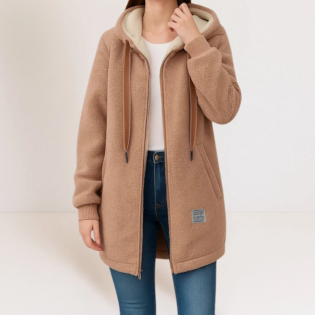 Hooded Teddy Zip Jacket in Camel