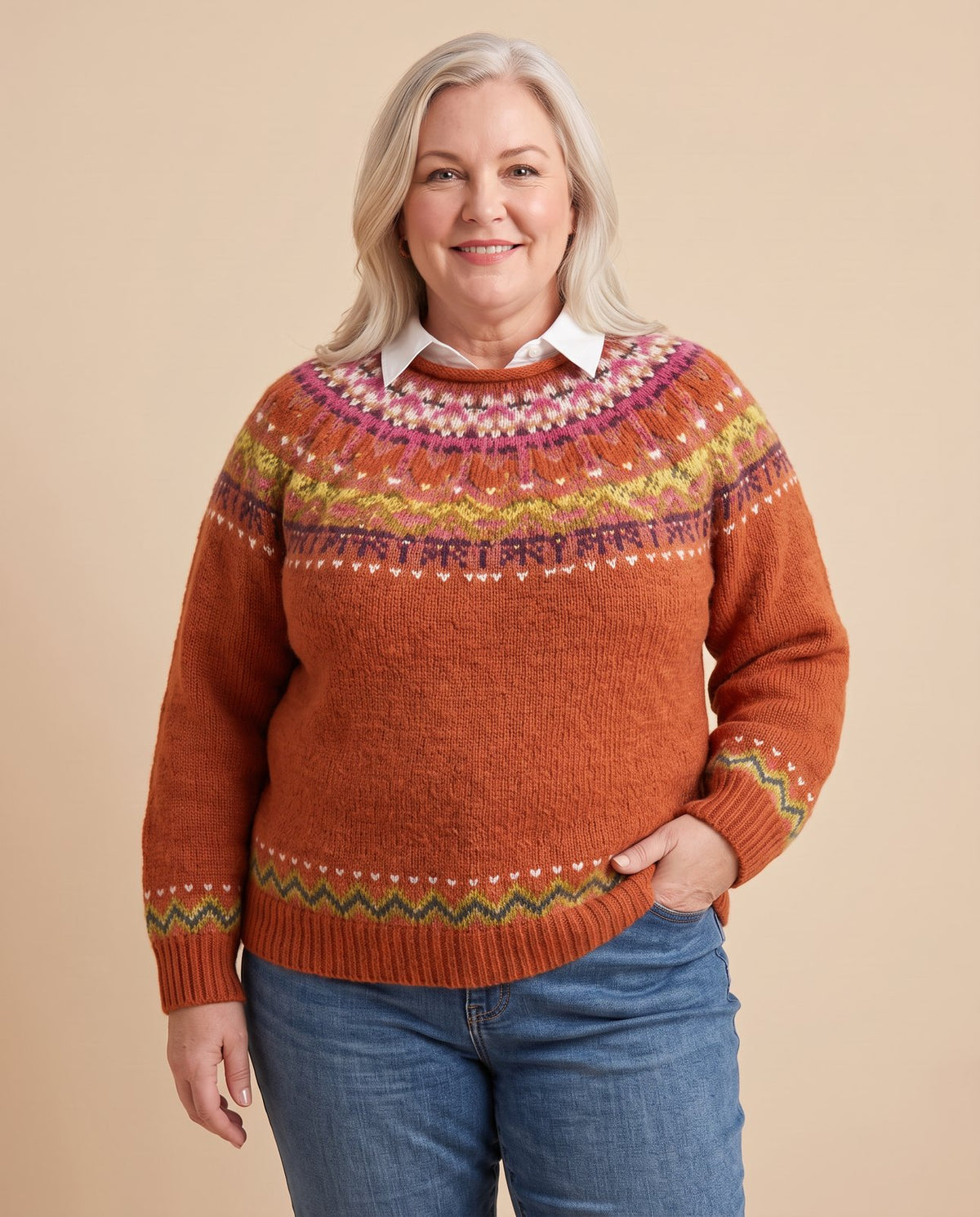 Frida | Nordic Yoke Sweater worn by a woman with curves