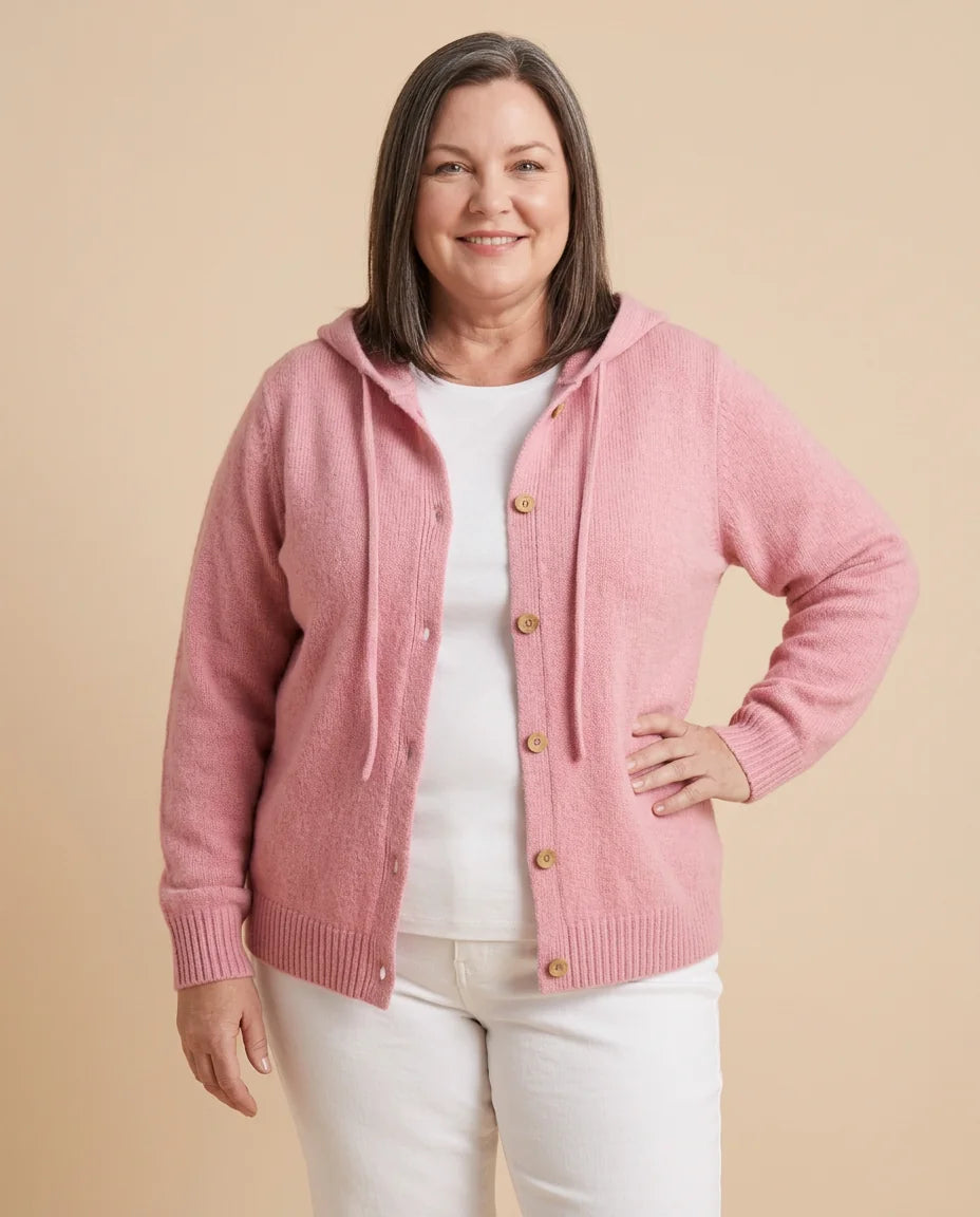 Hooded Button Cardigan worn by a woman with curves