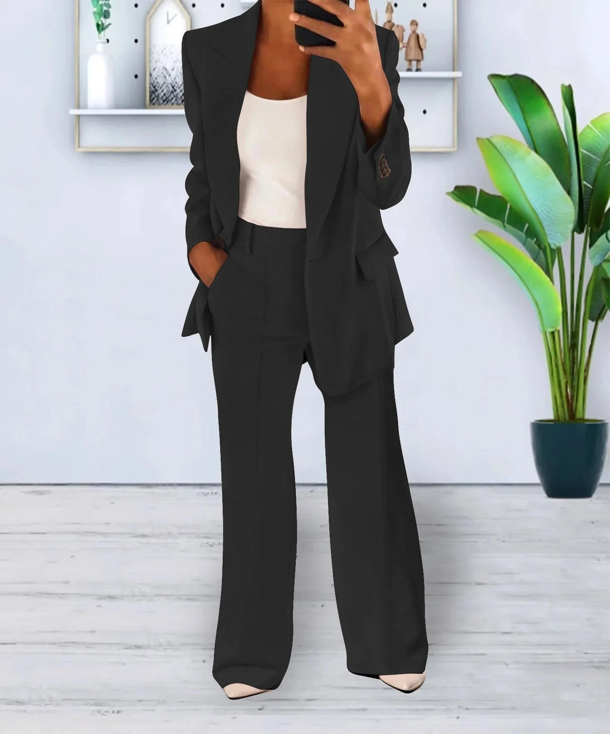 Gisela blazer and pants set in Black, worn