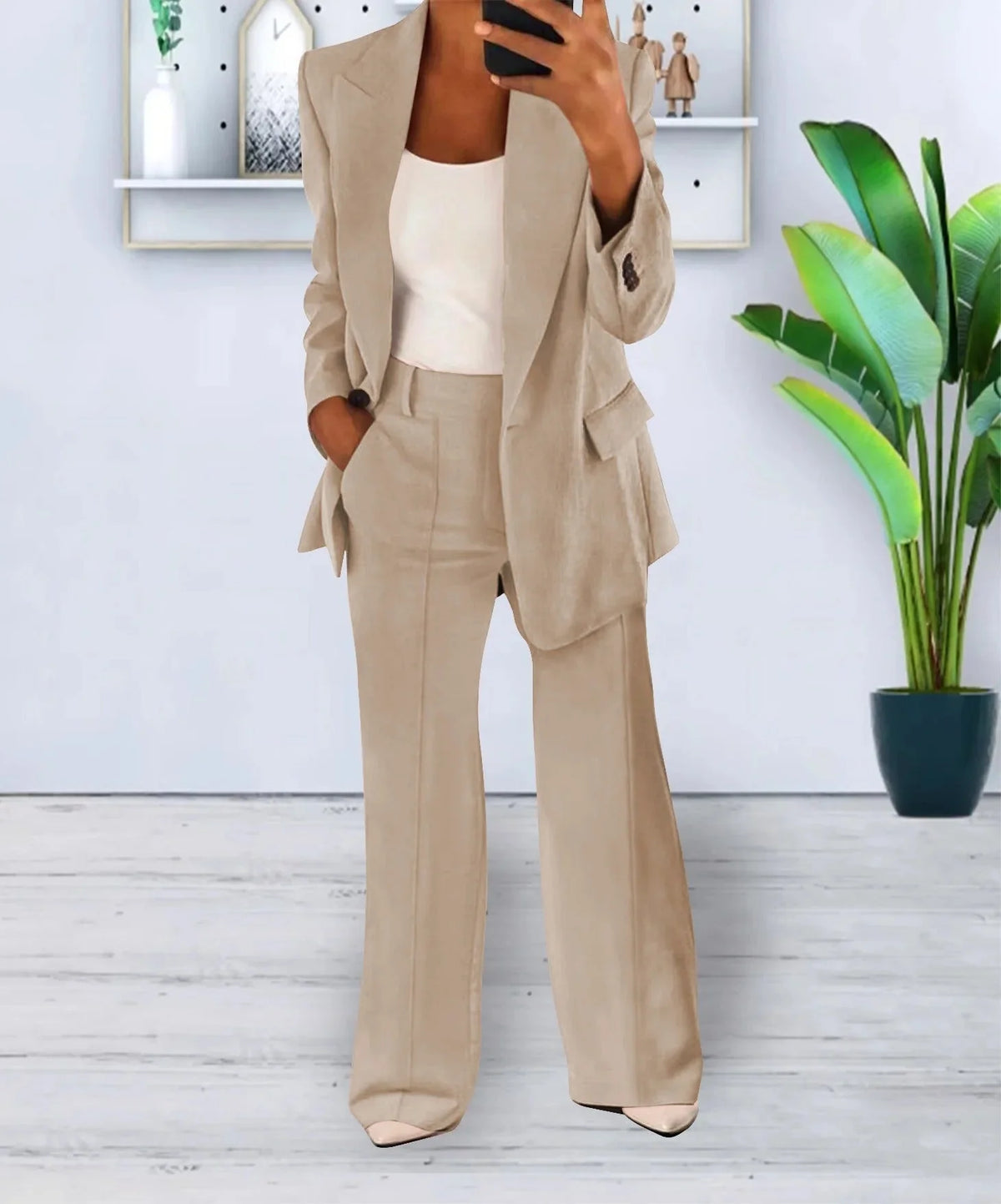Gisela blazer and pants set in Beige, worn