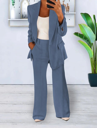 Gisela blazer and pants set in Light Blue, worn