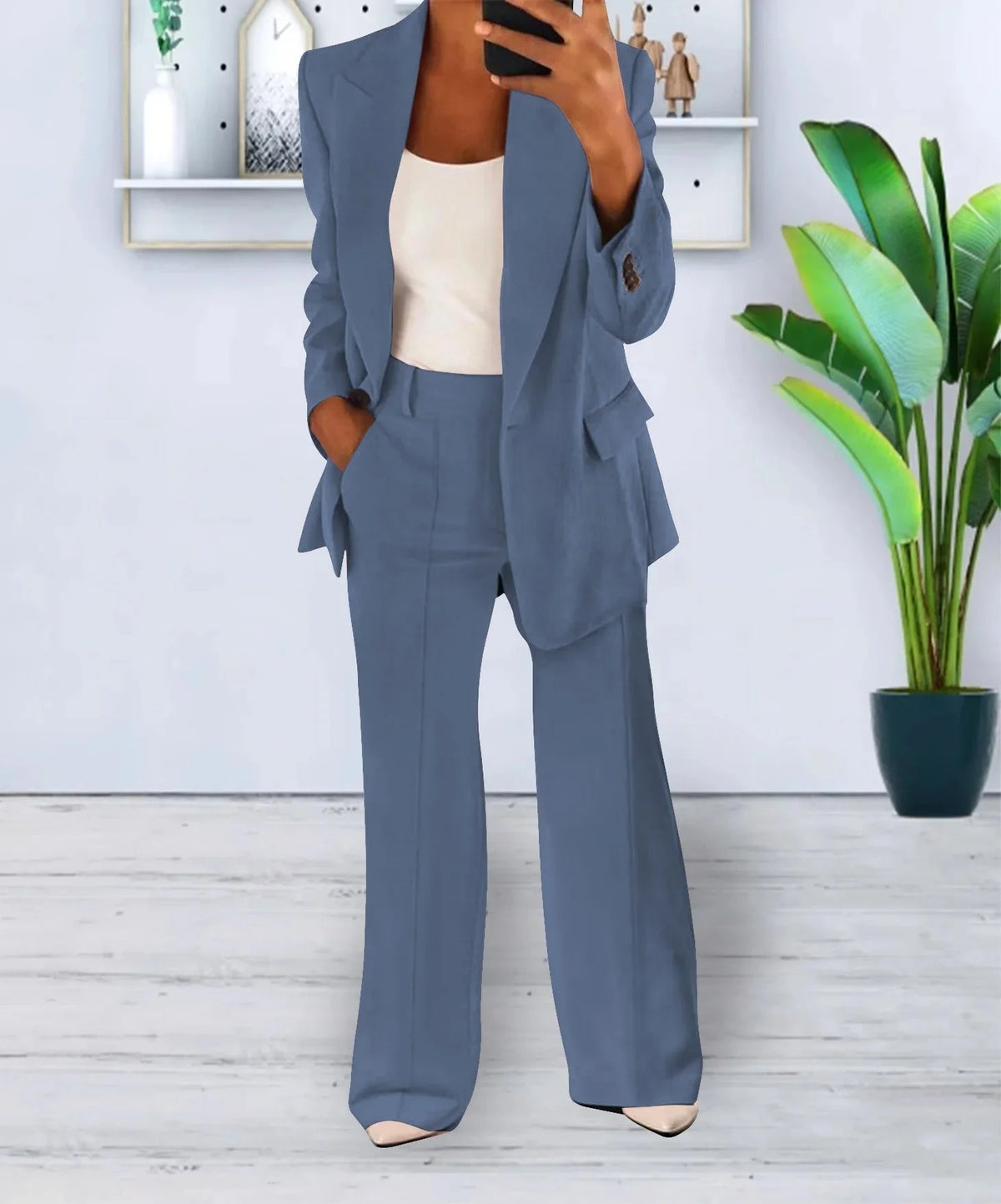 Gisela blazer and pants set in Light Blue, worn