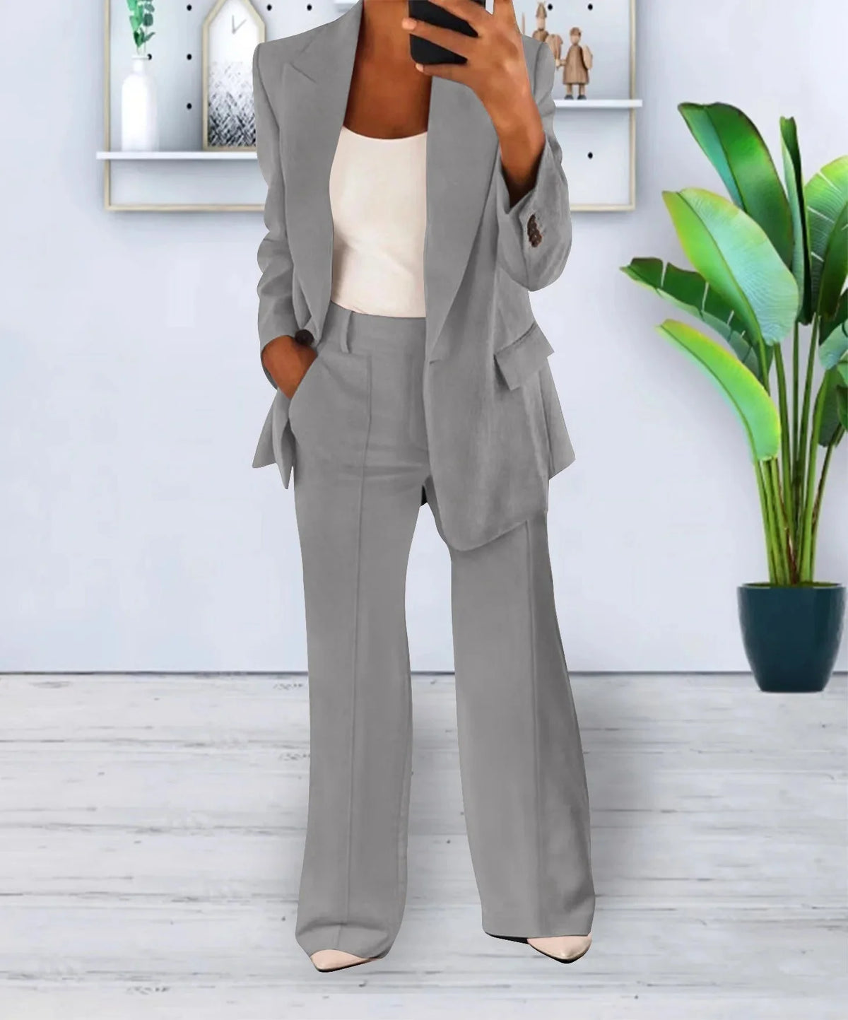 Gisela blazer and pants set in Gray, worn