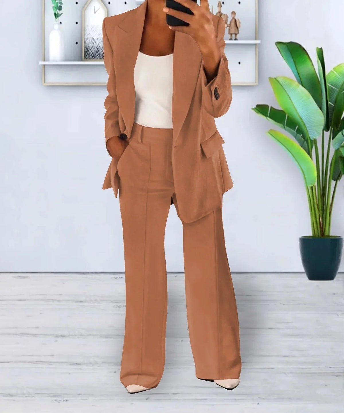 Gisela blazer and pants set in Brown, worn