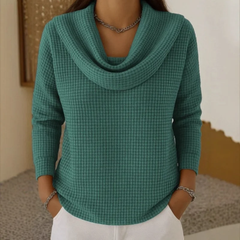 Green Amber™ – Warm Waffle Sweater with Elegant Waterfall Neckline