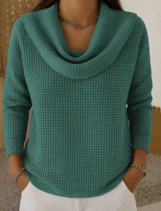 Green Amber™ – Warm Waffle Sweater with Elegant Waterfall Neckline