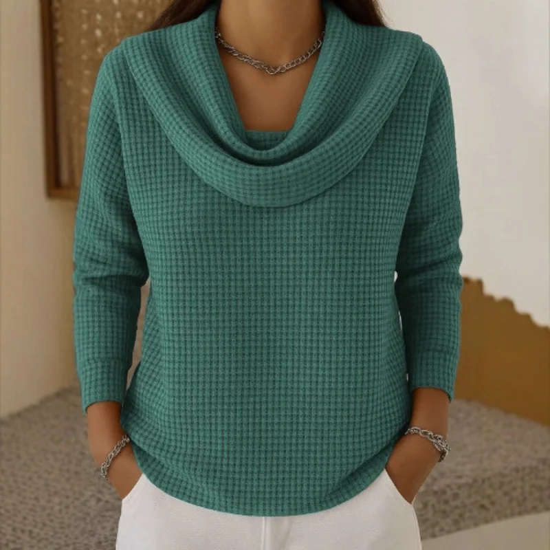 Green Amber™ – Warm Waffle Sweater with Elegant Waterfall Neckline