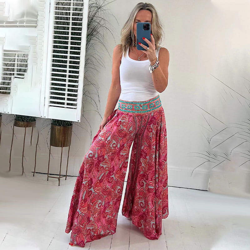 Green Ariela | Flowy Boho Wide-Leg Pants for Women | Casual & Bohemian