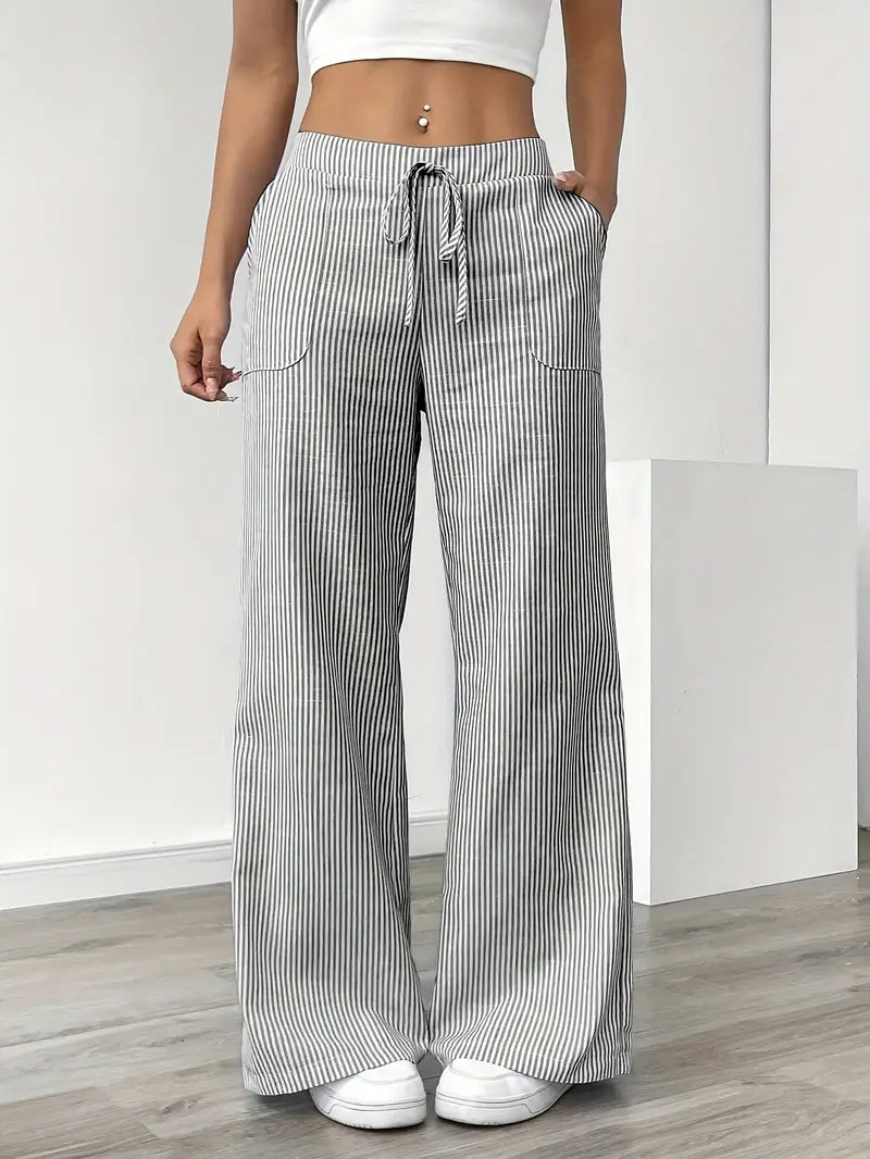 Grey Karina | Striped Wide-Leg Pants for Women | Smart Casual
