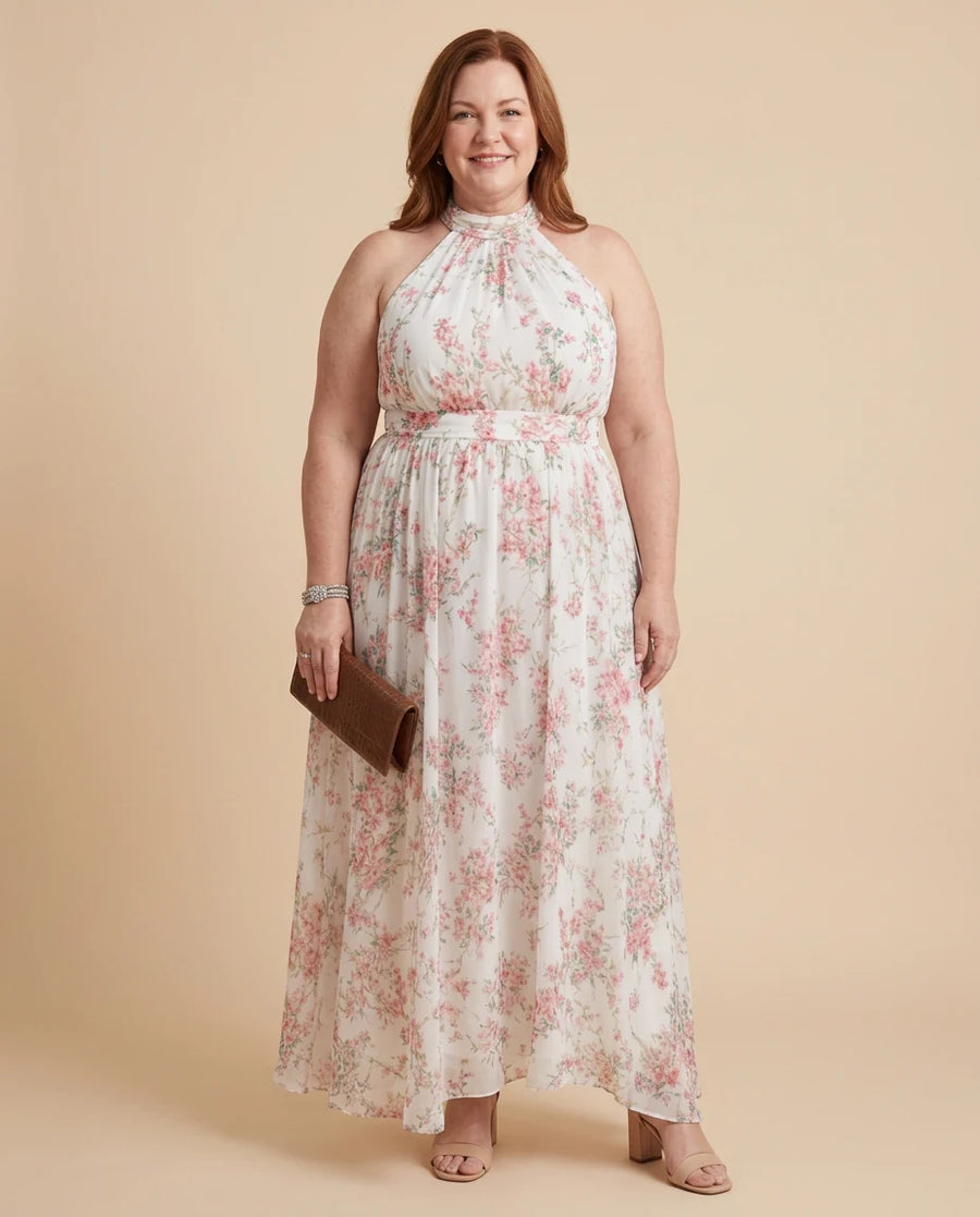 Guinevere™ Floral Print Flowing Skirt Midi Dress worn by a woman with curves