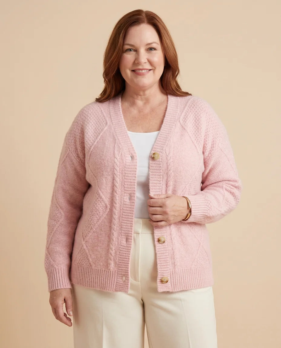 Cable Pattern V-Neck Button Cardigan worn by a woman with curves
