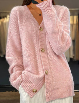 Cable Pattern V-Neck Button Cardigan in Pink