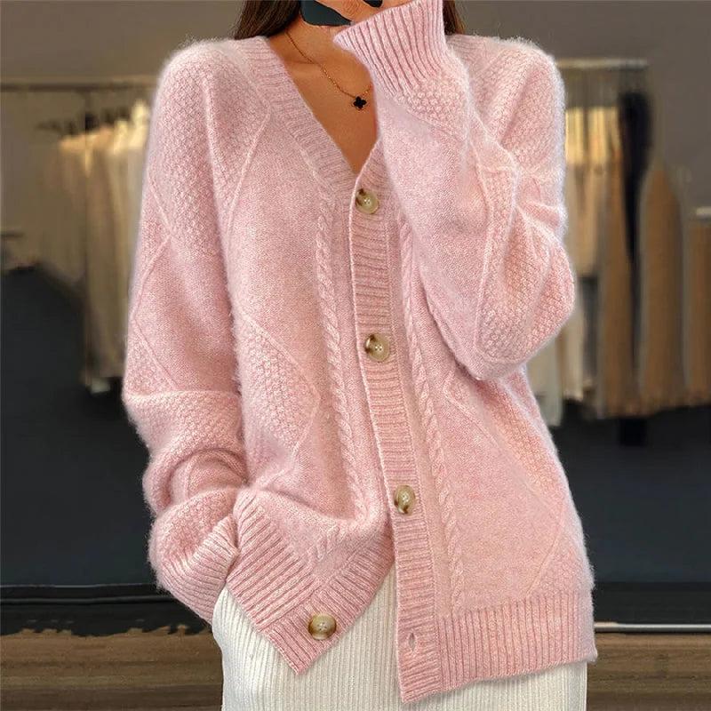 Cable Pattern V-Neck Button Cardigan in Pink