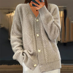Cable Pattern V-Neck Button Cardigan in Gray