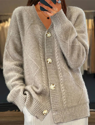 Cable Pattern V-Neck Button Cardigan in Gray