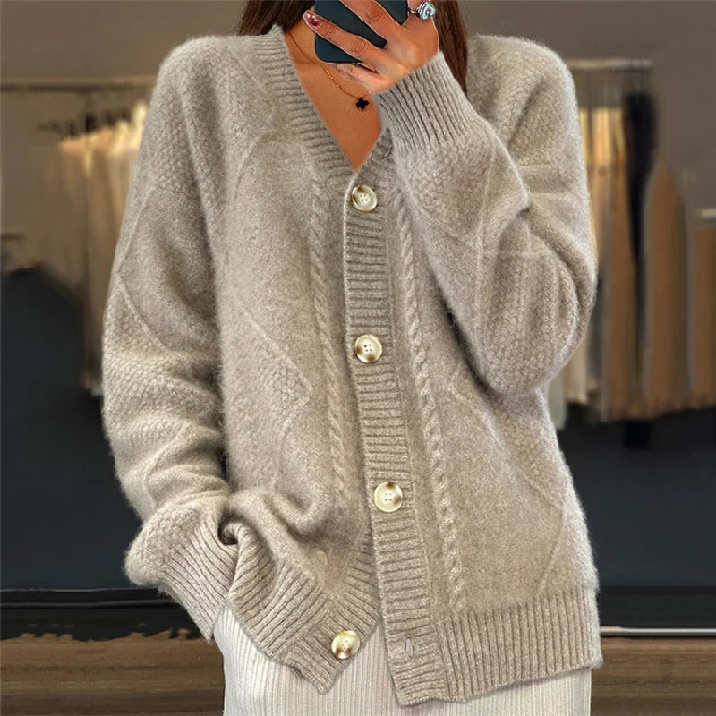 Cable Pattern V-Neck Button Cardigan in Gray