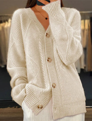 Cable Pattern V-Neck Button Cardigan in Beige