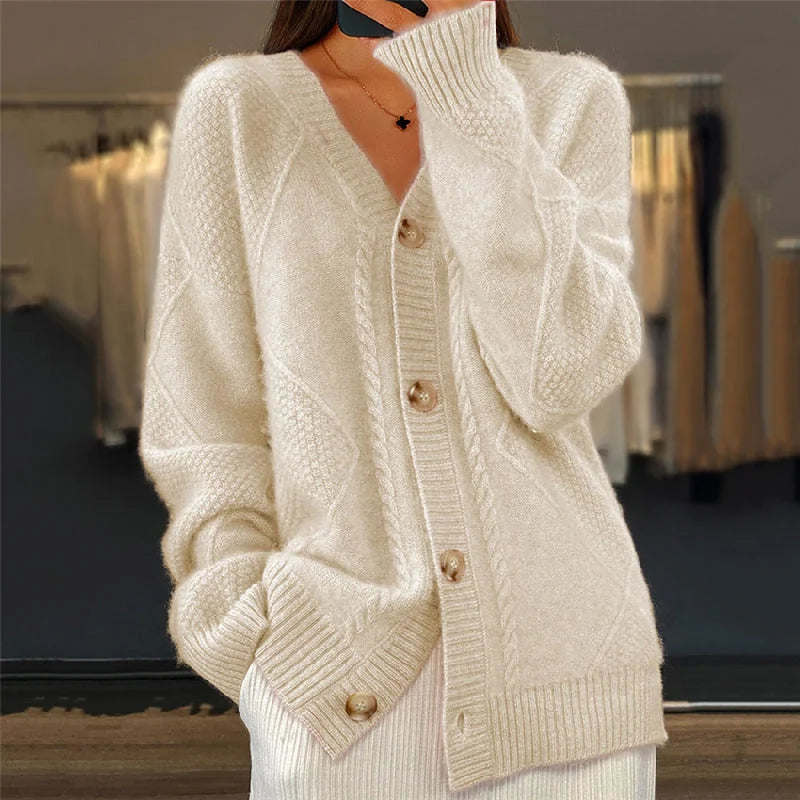 Cable Pattern V-Neck Button Cardigan in Beige