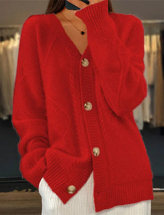 Cable Pattern V-Neck Button Cardigan in Red