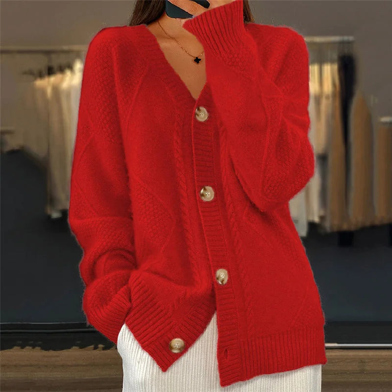 Cable Pattern V-Neck Button Cardigan in Red