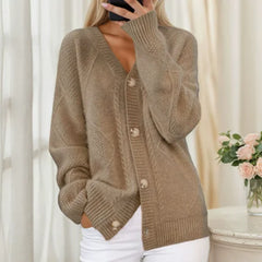Cable Pattern V-Neck Button Cardigan in Camel