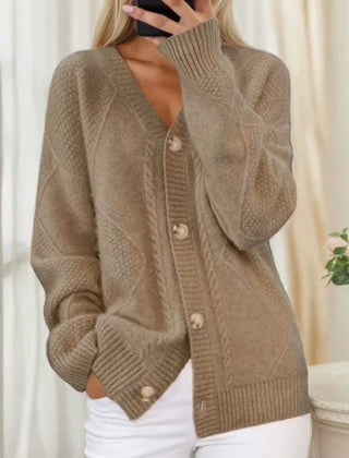 Cable Pattern V-Neck Button Cardigan in Camel