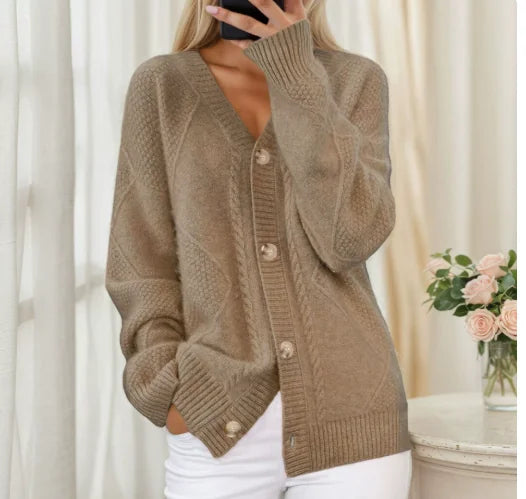 Cable Pattern V-Neck Button Cardigan in Camel