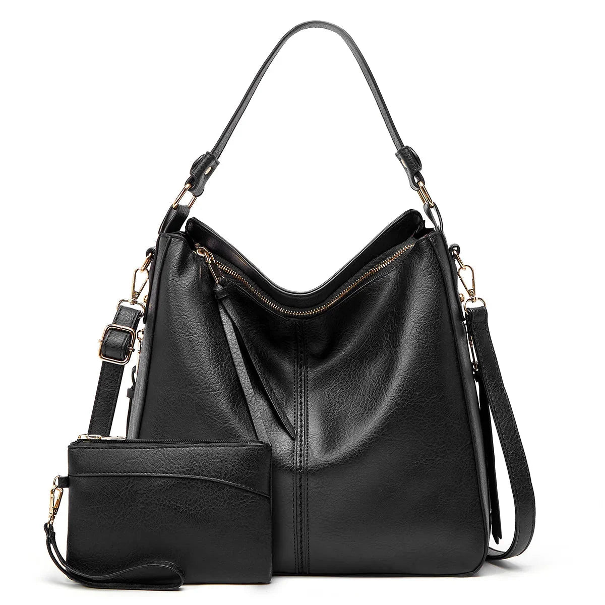 Hobo Shoulder Bag with Pouch in Black