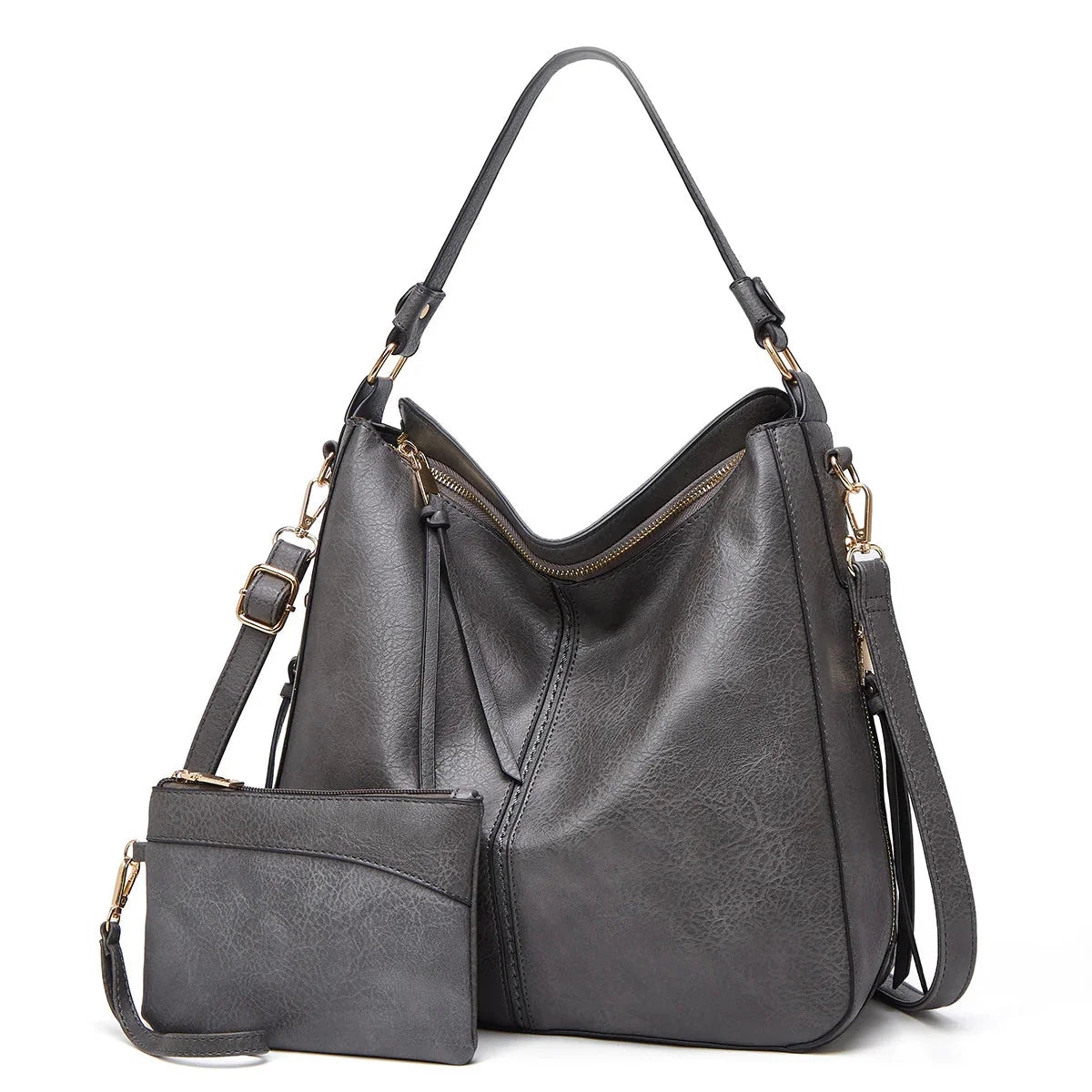 Hobo Shoulder Bag with Pouch in Gray