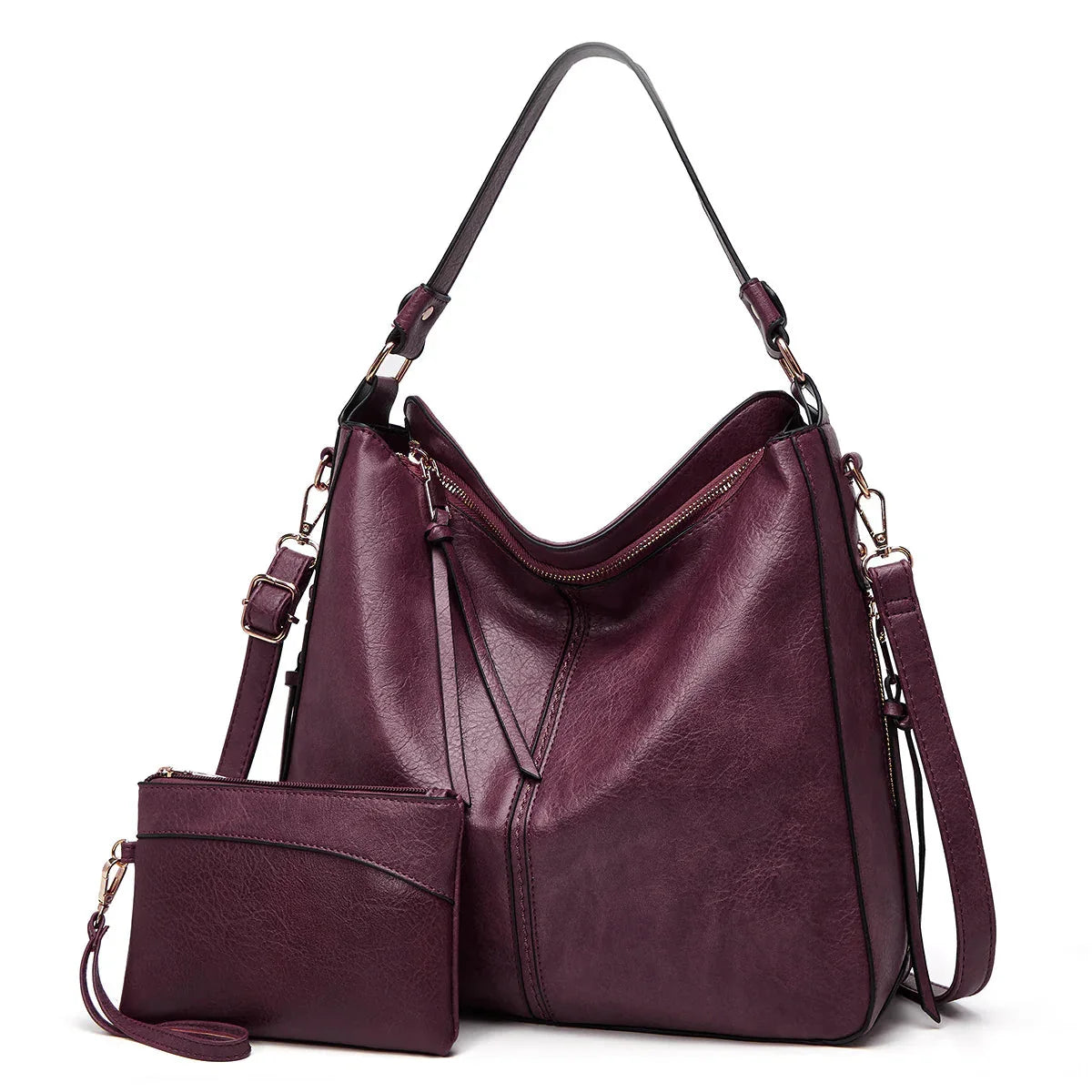 Hobo Shoulder Bag with Pouch in Burgundy