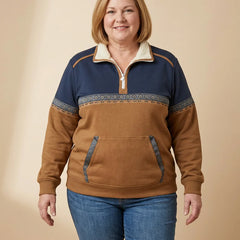Western Colorblock Quarter-Zip Sweatshirt worn by a woman with curves