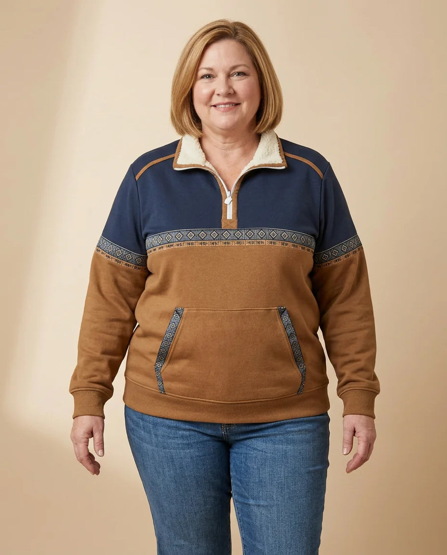 Western Colorblock Quarter-Zip Sweatshirt worn by a woman with curves