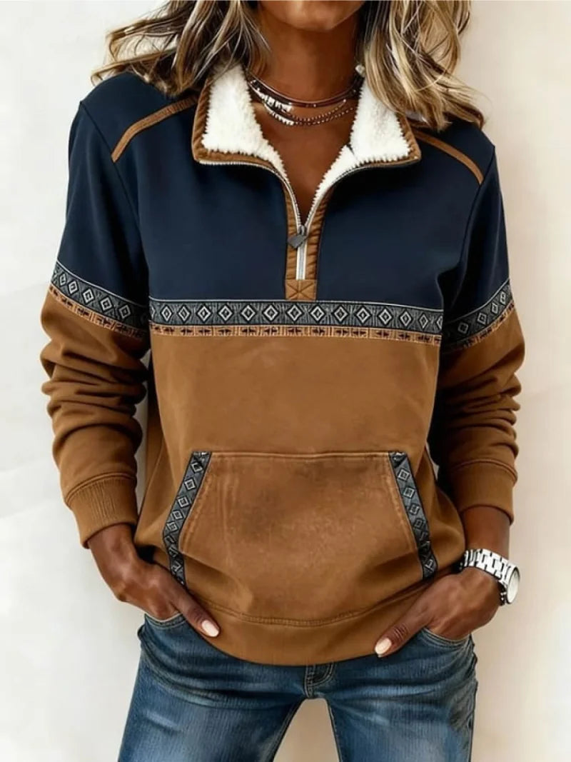 Western Colorblock Quarter-Zip Sweatshirt in Navy & Brown